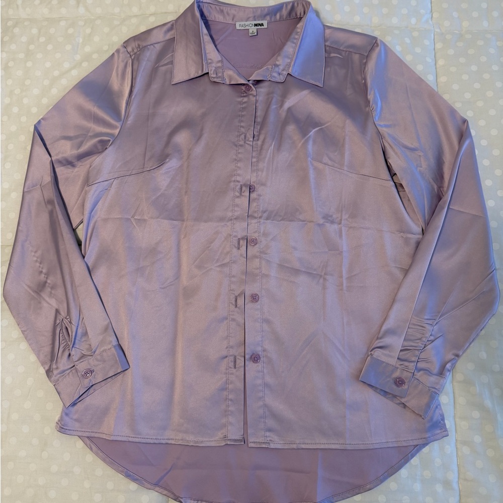 Lavender button down long sleeve satin shirt